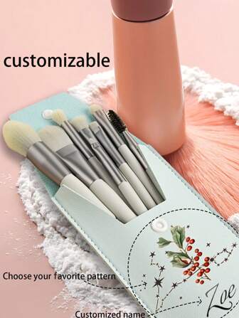 Set de 8 pinceaux de maquillage personnalisé avec monogramme imprimé + choix de motif, pinceaux à fard à joues multifonctionnels, pinceaux de maquillage de voyage, parfaits pour demoiselle d'honneur, mariage, Saint-Valentin, Fête des mères, cadeaux pour femmes, sets de maquillage quotidien