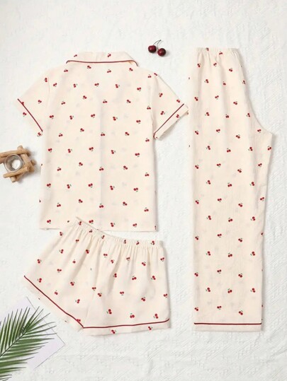 3pcs Set Women Cherry Print Short Sleeve Top, Shorts & Pants Pajamas, Casual Loose Homewear Suitable For Home & Outdoor, Spring/Summer