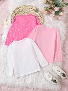 Girls 3 Packs Cartoon Kitten Print Cute Casual T-Shirt Round Neck Long Sleeve Suitable For Autumn And Winter - Multicolor - View 2