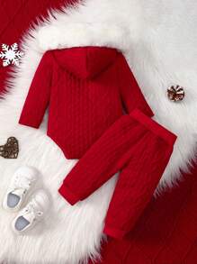 Baby Girls' Hooded Bodysuit With Contrast Collar And Pants Set, For Christmas - Red - View 2