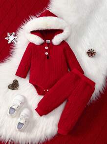 Baby Girls' Hooded Bodysuit With Contrast Collar And Pants Set, For Christmas - Red - View 1