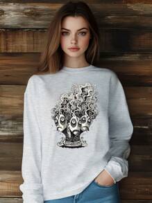 Women Skull Head Heavy Metal Horror Style T-Shirt Fashion Print Short Sleeve Round-Neck Loose Fit Tops Streetwear - 灰色 - 查看 1