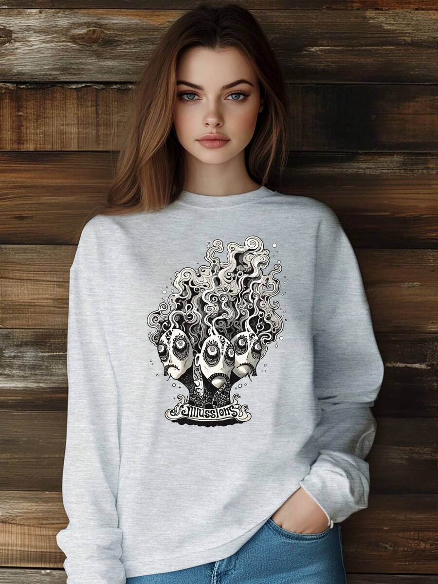 Women Skull Head Heavy Metal Horror Style T-Shirt Fashion Print Short Sleeve Round-Neck Loose Fit Tops Streetwear - 灰色 - 查看 1