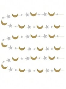 200厘米闪亮银星金月花环横幅装饰，亮丽星月纸花环悬挂花环横幅背景，适合派对装饰 - 彩色 - 查看 4