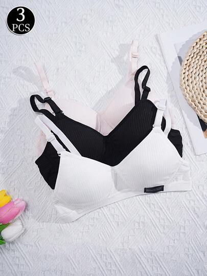 3pcs Teenage Girl Seamless Wire-Free Sports Bras, Solid Color Ribbed, Adjustable Heart Strap, Comfortable Adolescent Bras