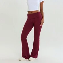 Women's Flare Skinny Pants Fold Over Leggings Low Rise Stretch Bootcut Bell Bottom Slim Fit Yoga Pants Y2k Joggers - 酒紅色 - 查看 5