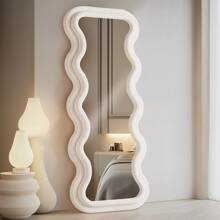 Melodieux Full Length Mirror 63"X 24" Irregular Wavy Full Body Mirror Wall Mounted Floor Mirror With Stand Ivory Flannel Wrapped Wooden Frame Leaning Hanging Wall Mirror For Bedroom Entrance - 矩形大波浪 - 查看 1