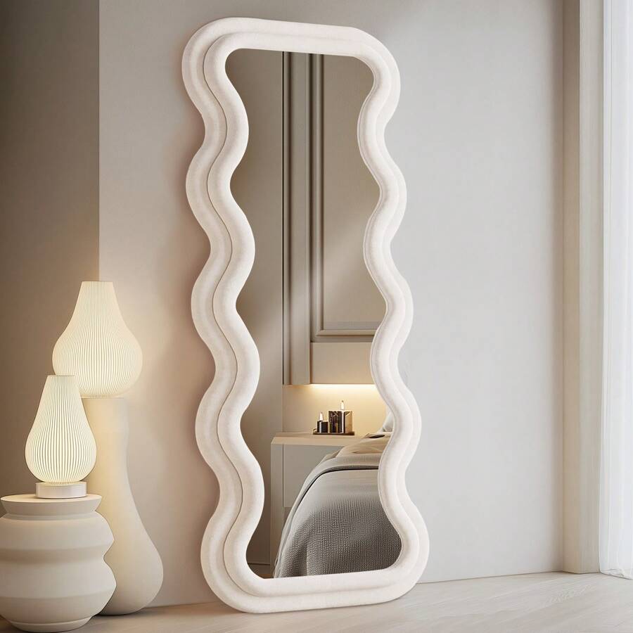Melodieux Full Length Mirror 63"X 24" Irregular Wavy Full Body Mirror Wall Mounted Floor Mirror With Stand Ivory Flannel Wrapped Wooden Frame Leaning Hanging Wall Mirror For Bedroom Entrance - 矩形大波浪 - 查看 1