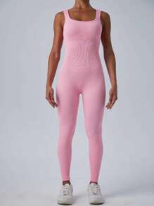 1pc Women Seamless Jumpsuit, Yoga Fitness Running Exercise Jumpsuit With Tummy Control - Baby Pink - View 7