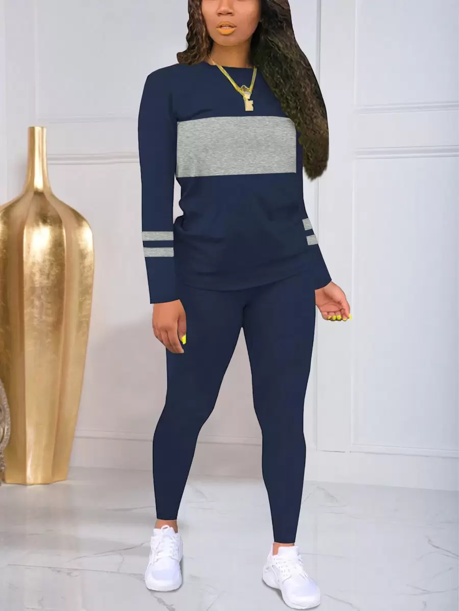 Striped Color Block Printed Sportwear Long Sleeve Top And Pants Set Spring Elegant