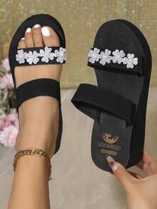 女士夏季新款水钻绑带凉鞋，舒适坡跟厚底防水休闲沙滩拖鞋 - 黑色 - 查看 2