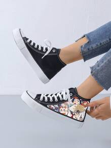 Women's Creative Print Canvas Sneakers With Fortune Cat Pattern, Simple Style, Black Fabric, Flat Sole, Casual Daily Wear - H-ukiyoe 27-s002-black- - View 4