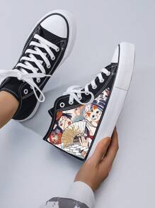 Women's Creative Print Canvas Sneakers With Fortune Cat Pattern, Simple Style, Black Fabric, Flat Sole, Casual Daily Wear - H-ukiyoe 27-s002-black- - View 2