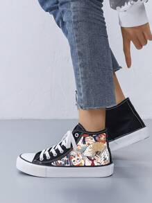 Women's Creative Print Canvas Sneakers With Fortune Cat Pattern, Simple Style, Black Fabric, Flat Sole, Casual Daily Wear - H-ukiyoe 27-s002-black- - View 5