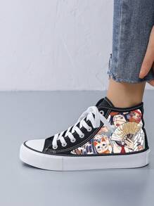 Women's Creative Print Canvas Sneakers With Fortune Cat Pattern, Simple Style, Black Fabric, Flat Sole, Casual Daily Wear - H-ukiyoe 27-s002-black- - View 1
