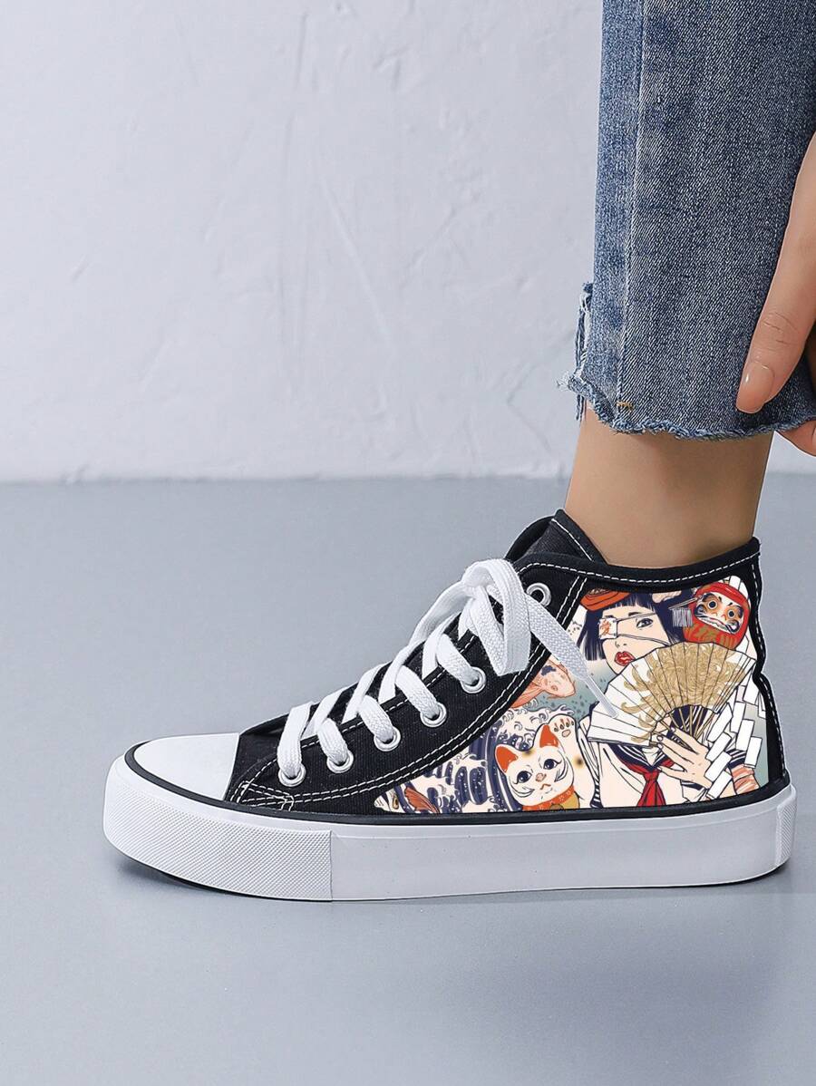 Women's Creative Print Canvas Sneakers With Fortune Cat Pattern, Simple Style, Black Fabric, Flat Sole, Casual Daily Wear - H-ukiyoe 27-s002-black- - View 1