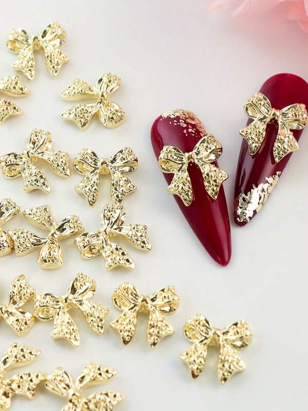 20Pcs Metallic Gold Bow Nail Charms 3D Alloy Silver Bowknot Ribbon Nail Supplies Kawaii Nail Parts For Diy Nail Salon Design Decoration Nails Nail Gems
