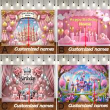 Diseño de fondo personalizable con globo con texto de cumpleaños feliz, nombre y decoración de castillo floral rosa para fiesta de princesa. Decoración de mesa de pastel, fondo de fotografía y cabina fotográfica para fiesta de cumpleaños de princesa en vinilo