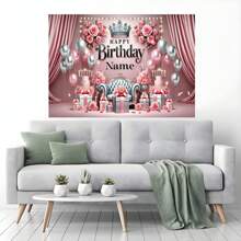 Diseño de fondo personalizable con globo con texto de cumpleaños feliz, nombre y decoración de castillo floral rosa para fiesta de princesa. Decoración de mesa de pastel, fondo de fotografía y cabina fotográfica para fiesta de cumpleaños de princesa en vinilo