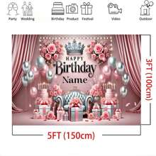 Diseño de fondo personalizable con globo con texto de cumpleaños feliz, nombre y decoración de castillo floral rosa para fiesta de princesa. Decoración de mesa de pastel, fondo de fotografía y cabina fotográfica para fiesta de cumpleaños de princesa en vinilo