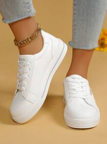 青少年休闲简约白色平底运动鞋，百搭时尚运动鞋 - 白色 - 查看 6