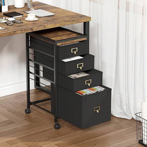 Mobile 4-Drawer File Cabinet With Wheels – Black Vertical Filing Cabinet For Letter/A4 Size, Under Desk Storage For Home Office