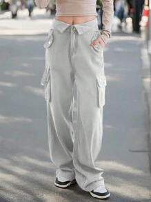 女款美式街头休闲阔腿工装裤 - 淺灰色 - 查看 3