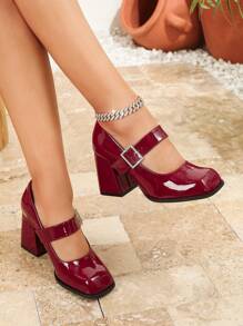 小码女式粗跟玛丽珍皮鞋，方头红色高跟鞋，加大码 - 酒紅色 - 查看 3