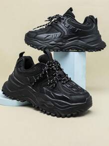 Comfortable Minimalist Stylish Outdoor Walking Casual Shoes, Urban Tie Commuting Fitness Travel Chunky Sneakers, Round Toe Low Top Color Block Versatile Sports Shoes, Perfect Gift For Holidays, Men's