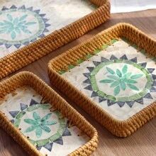 1 pieza Bandeja/Organizador cuadrada multiusos de ratán tejida a mano en estilo bohemio, adecuada para restaurante/picnic al aire libre, almacenamiento en el hogar, decoración de bodas, plato de frutas
