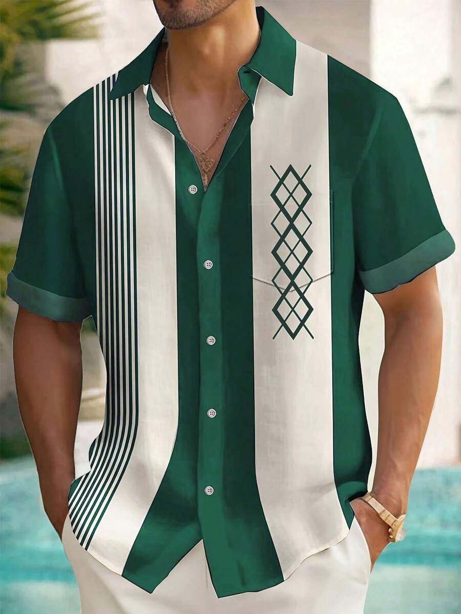 Plus Size Retro Bowling Geometric Print Button-Pocket Short Sleeve Casual Shirt For Men - Green - View 1
