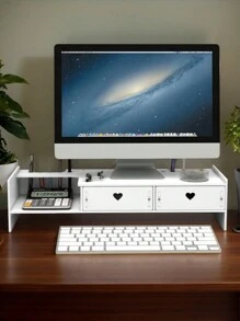 1pc Desktop Organizer Drawer-Style Monitor Stand & Neck Pillow Riser, Office Desk Space Saving Storage Solution - White - View 3