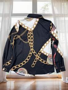 Women's Long Sleeved Single Breasted Printed Chain Flower Shirt Top - Multicolor - View 4