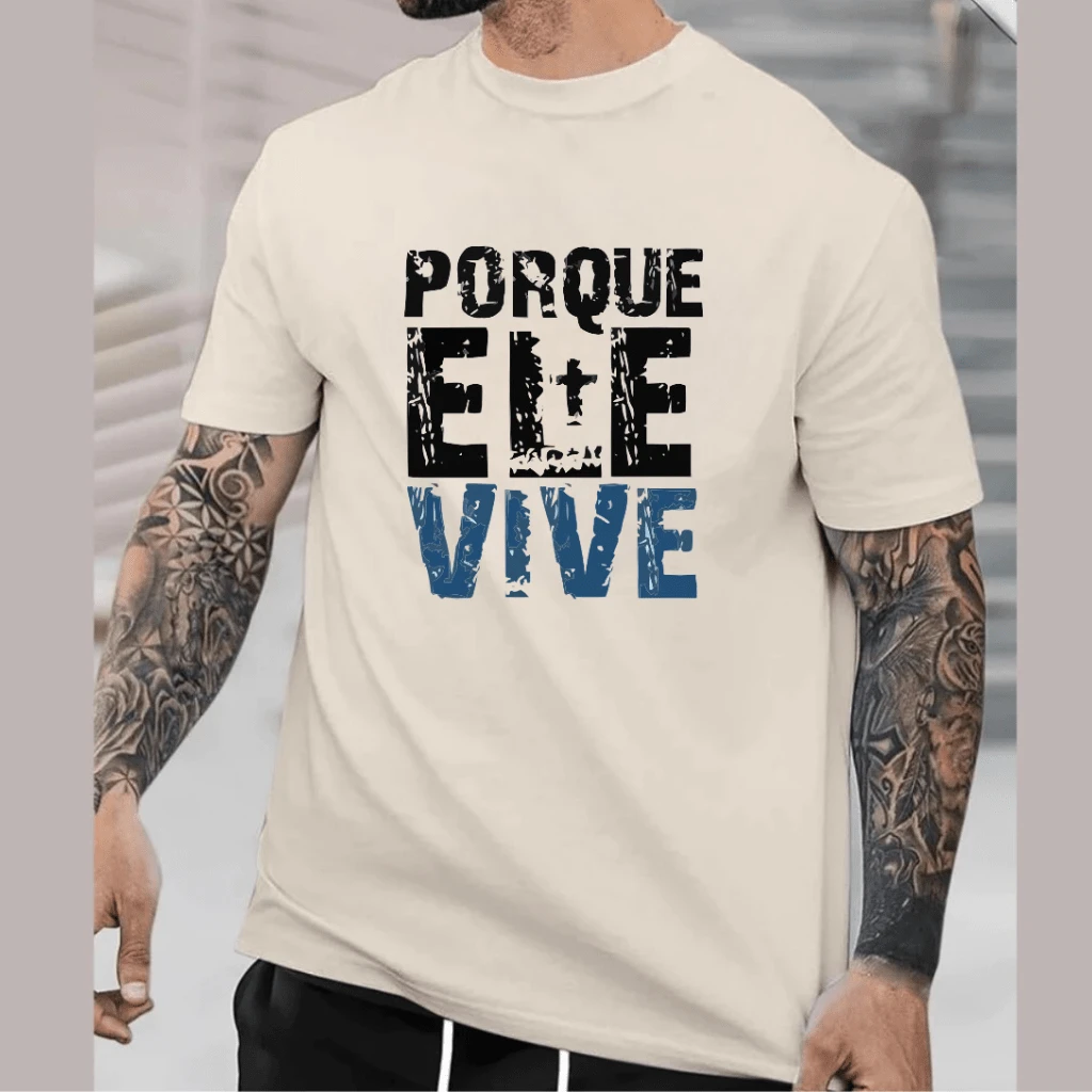 Men's T-Shirt Because He Lives Gospel Premium Cotton New Release - Beis - Ver 1