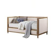 Beige Fabric Upholstered 1pc Day Bed Light Oak Bed Frame Nailhead Trim Bedroom Furniture Mattress Ready Twin Day Bed - 彩色 - 查看 5