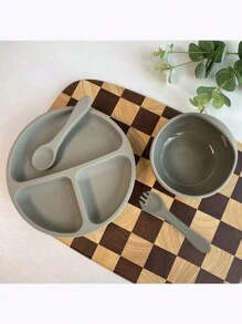 4-Piece Baby Silicone Plate With Suction Cup Food Silicone Suction Cup Bowl, Fork And Spoon Set Suitable For Daily Use