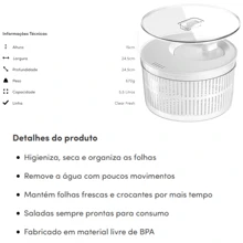 Centrífuga Secadora de Saladas Lavagem e Higienização de Verduras Folhas C/ Cesto Drenagem de Água Secagem Rápida 5,5L Organizador Geladeira OU
