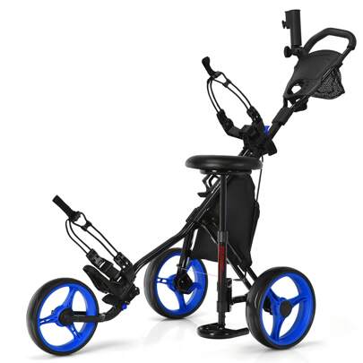 3 Wheels Golf Push Pull Cart Folding Golf Trolley With 4 Height Positions Umbrella Holder & Removable Seat