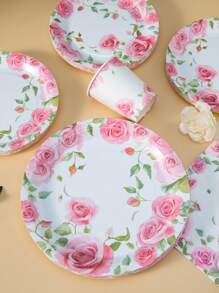 Set de vajilla desechable de 25 piezas con estampado de rosas en acuarela, que incluye platos de papel, servilletas y vasos, adecuado para fiestas de cumpleaños, picnics familiares, bodas y otras reuniones