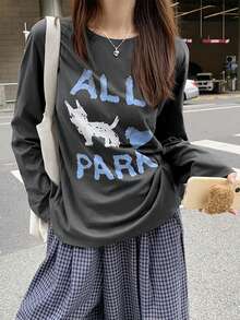 女士涂鸦小狗印花长袖 T 恤，秋季宽松百搭上衣