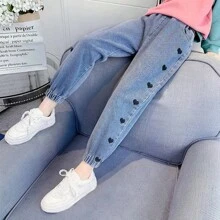 Girls' Heart Pattern Light-Wash Denim Joggers - Loose Elastic Waist Casual Pants - 深色水洗藍 - 查看 3
