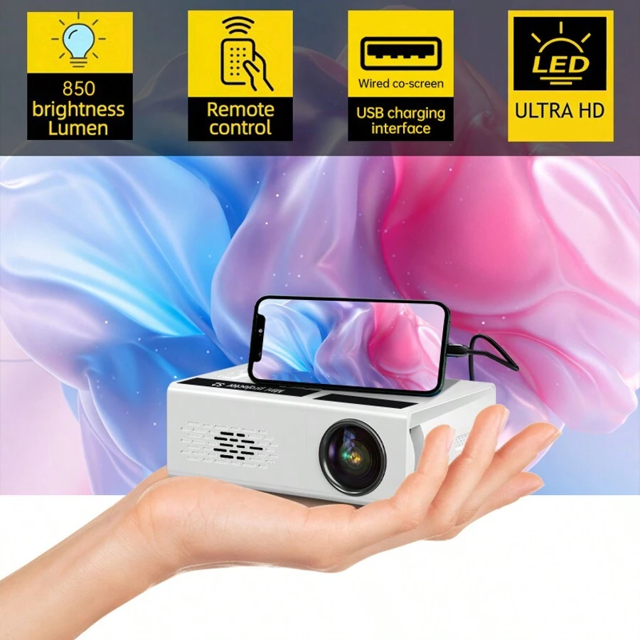 Mini proyector, adecuado para dormitorios estudiantiles, hostales, cine en casa, juegos, fiestas, oficina. Compatible con audio, USB, AV, caja de TV, portátil, Android, iOS.
