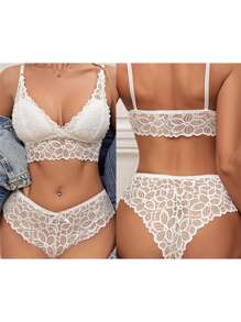 Women's Lace Lingerie Set V Neck Bra With Low Rise Thong Transparent Mesh Babydoll Set - 白色 - 查看 2