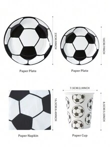 1 Set Of 25 White Football Design Disposable Plates, Napkins And Cups, Ideal For Birthday Parties, Family Picnics And Other Occasions