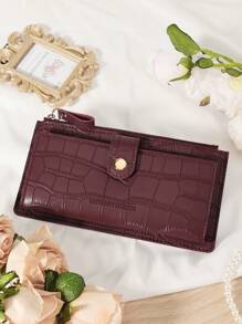 勃艮第包 Charry 红色包酒红色包，鳄鱼压纹折叠长钱包女士时尚现代商务超薄便携多功能大容量信用卡拉链身份证钱现金存储 - 酒紅色 - 查看 8