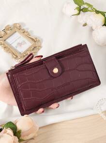 勃艮第包 Charry 红色包酒红色包，鳄鱼压纹折叠长钱包女士时尚现代商务超薄便携多功能大容量信用卡拉链身份证钱现金存储 - 酒紅色 - 查看 4