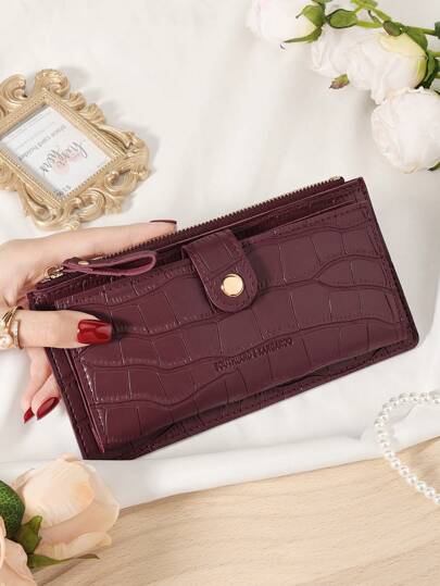 תיק בורדו שקית אדומה יין תיק אדום, קיפול מובלט תנין על ארנק ארוך נשים אופנה מודרני עסקים דק נייד רב תכליתי קיבולת גדולה כרטיס אשראי רוכסן תעודת זהות כסף אחסון מזומן