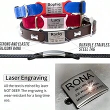 Custom Cat Dog ID Personalized Pet Collar Tag Engraving Charm Name Pendant Bone Necklace Puppy Key Ring Silicone Stainless Steel Pet Accessories