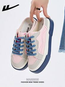 WARRIOR 女式帆布一脚蹬运动鞋，系带设计，厚底，增高，滑板鞋，低帮户外平底鞋，秋季休闲鞋，经典款式，复古细节，舒适时尚