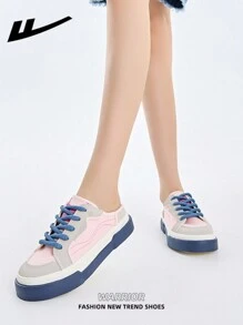 WARRIOR 女式帆布一脚蹬运动鞋，系带设计，厚底，增高，滑板鞋，低帮户外平底鞋，秋季休闲鞋，经典款式，复古细节，舒适时尚